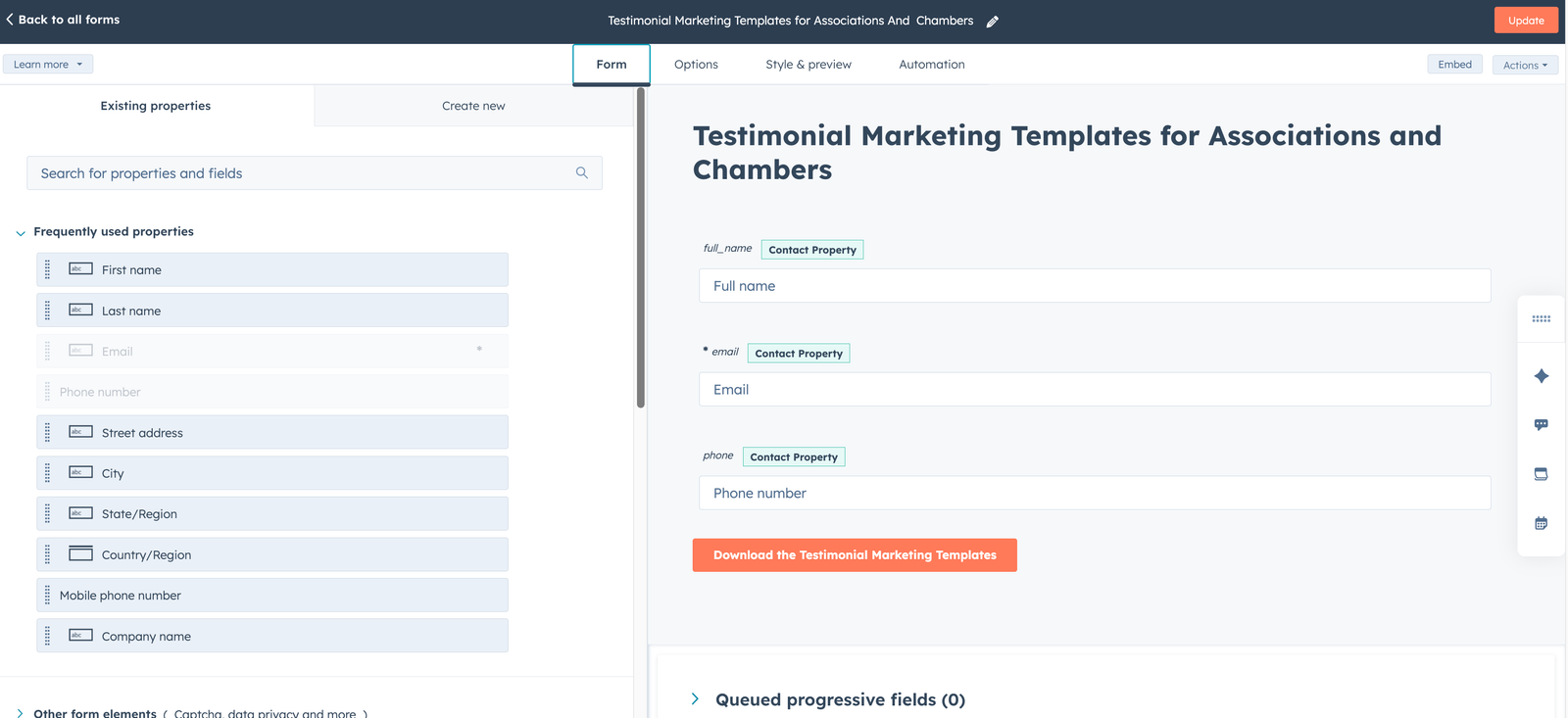 Create form fields on hubspot & preview them